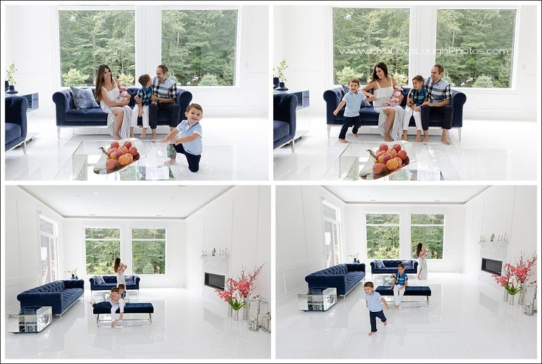 Capturing chaos of a family with three kids during at-home photo session in Saddle River