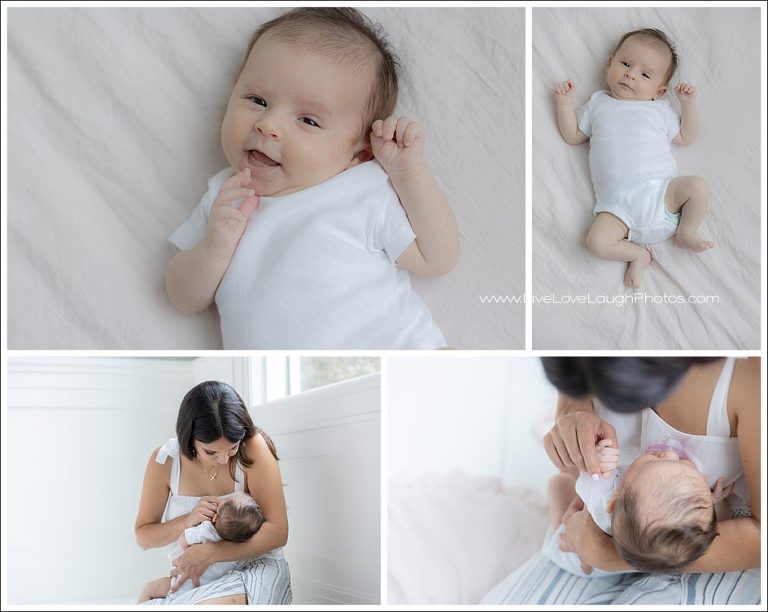 Beautiful baby girl being photographed at her home in Saddle River during a newborn family photo session