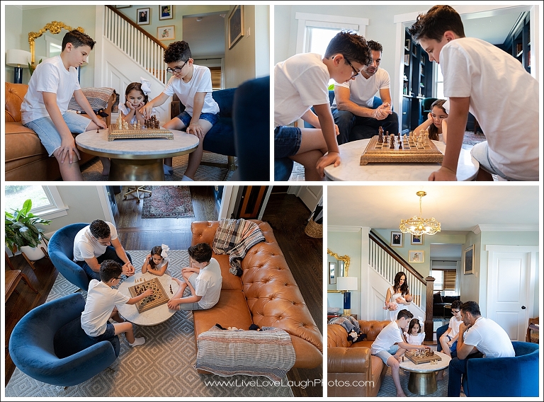 Family playing chess at their at home family photosession