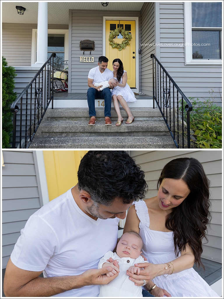 new parents sitting in front of their ridgewood home at their at home newborn photoshoot