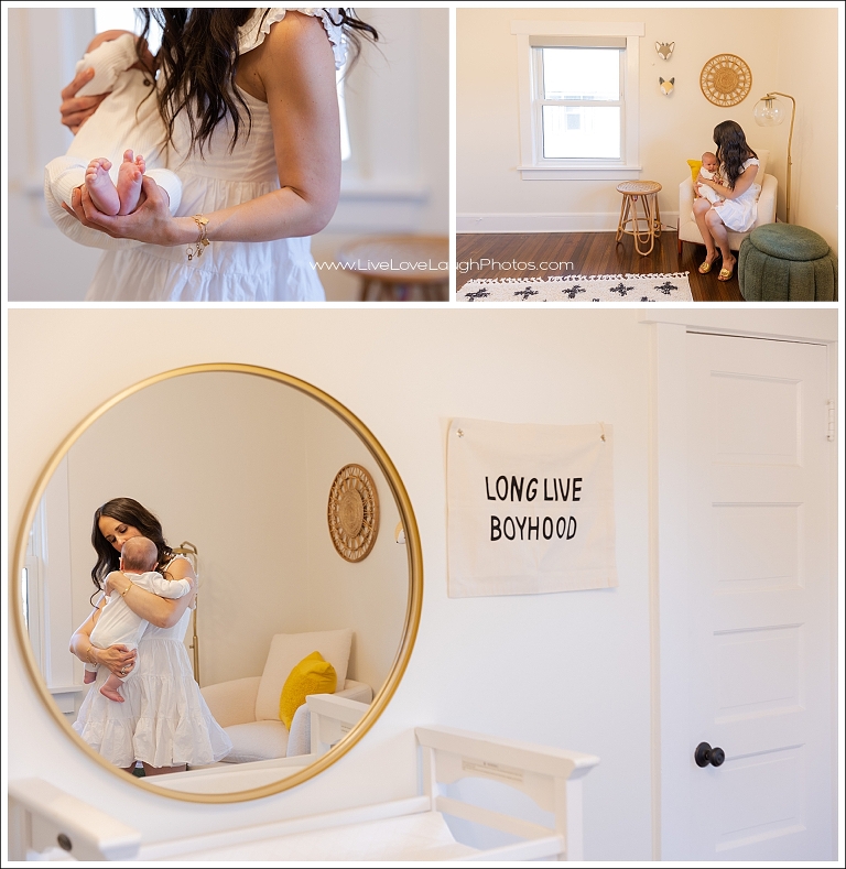 New mama is holding her baby boy during her RIdgewood newborn photo session